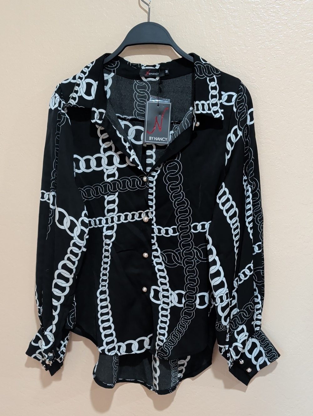 N by Nancy Black Chain-Print Button-Up Blouse